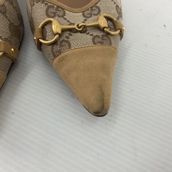 Gucci Brown/Tan Logo Canvas/Suede Horsebit Kitten Pump Heels Women’s 10 Preowned - Picture 6 of 8